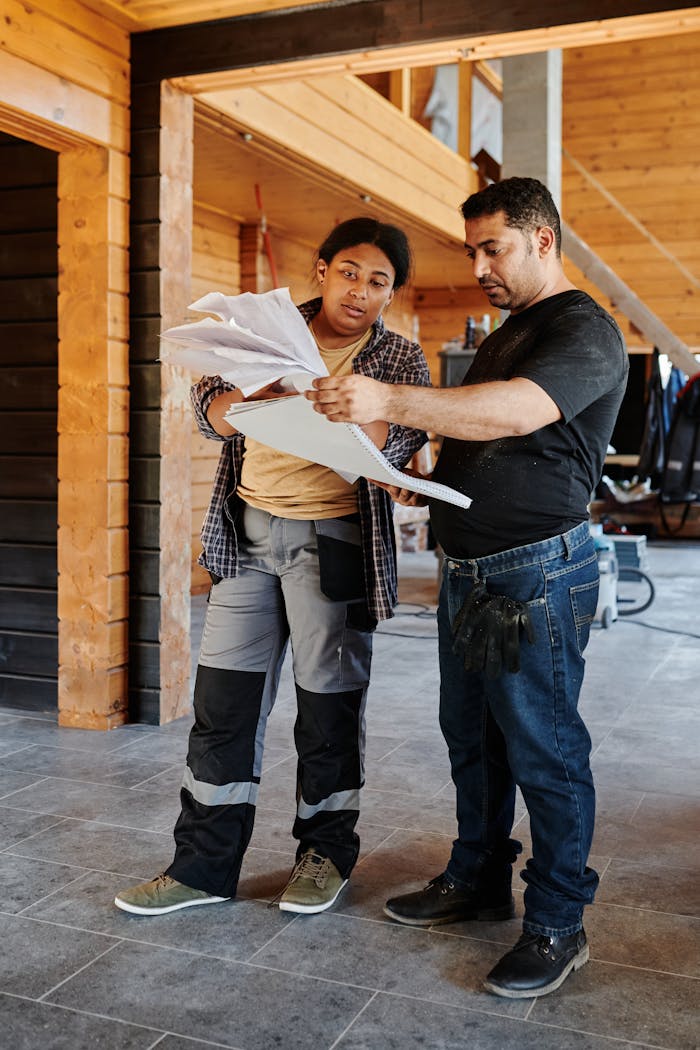 Two architects examining blueprints inside a wooden cabin, focused on construction planning.